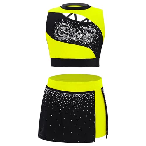 Yeahdor Kinder Mädchen Cheerleading Kostüm Cheer Crop Top mit Seite Schlitz Rock Cheer Leader Cosplay Outfit Dancewear Fluoreszierendes Gelb 158-164 von Yeahdor