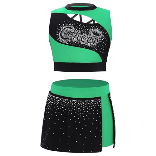Yeahdor Kinder Mädchen Cheerleading Kostüm Cheer Crop Top mit Seite Schlitz Rock Cheer Leader Cosplay Outfit Dancewear Grün 134-140 von Yeahdor