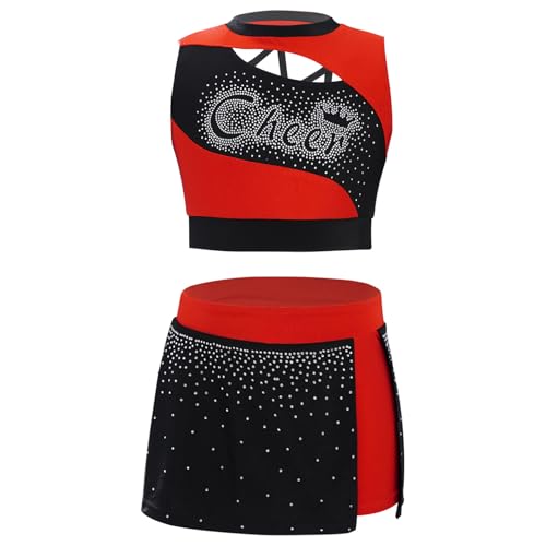 Yeahdor Kinder Mädchen Cheerleading Kostüm Cheer Crop Top mit Seite Schlitz Rock Cheer Leader Cosplay Outfit Dancewear Rot 158-164 von Yeahdor