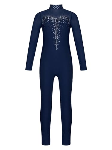 Yeahdor Kinder Mädchen Tanzbody Langarm Turnanzug mit Strass Ganzkörperanzug Gymnastikanzug Gymnastik Wettkampf Ballettkleidung F Marine blau 158-164 von Yeahdor