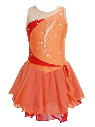 Yeahdor Kinder Mädchen Eiskunstlauf Kleid Ärmellos Tanzkleid Mit Strass Turnanzug Ballettkleid Gymnastik Akrobatik Wettbewerb A Orange 158-164 von Yeahdor