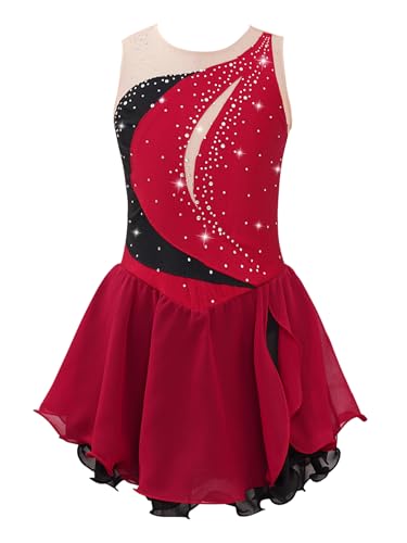 Yeahdor Kinder Mädchen Eiskunstlauf Kleid Ärmellos Tanzkleid Mit Strass Turnanzug Ballettkleid Gymnastik Akrobatik Wettbewerb A Weinrot 146-152 von Yeahdor