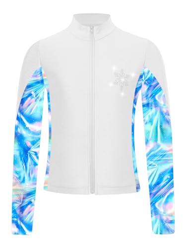 Yeahdor Kinder Mädchen Eiskunstlauf Mantel Langarm Sport Jacke mit Strass Glitzer Trainingsjacke Wettkampf Yoga Jogging Fitness Weiß 146-152 von Yeahdor