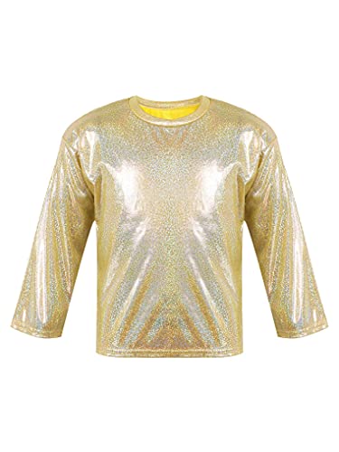Yeahdor Kinder Mädchen Glänzend T-Shirt Langarm Tanzshirt Glitzer Bauchfreie Oberteile Langarmshirt Metalic Hip Hop Tops Gymnastik Tanzbekleidung B Gold B 110-116 von Yeahdor