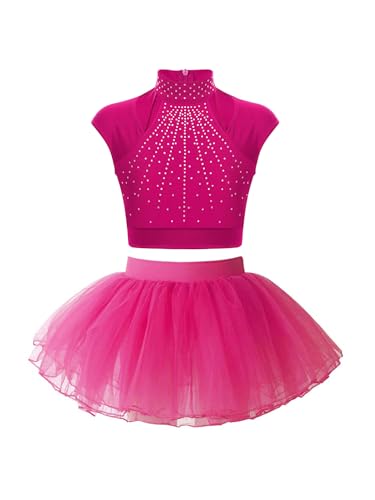 Yeahdor Kinder Mädchen Glitzer Tanz Outfit Set Ärmellos Tank Top mit Strass + Minirock Tanzanzug Party Bühnenauftritt Tanzkleidung Hot Pink 134-140 von Yeahdor