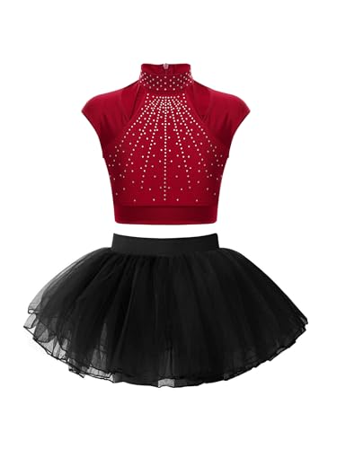 Yeahdor Kinder Mädchen Glitzer Tanz Outfit Set Ärmellos Tank Top mit Strass + Minirock Tanzanzug Party Bühnenauftritt Tanzkleidung Weinrot&Schwarz 134-140 von Yeahdor