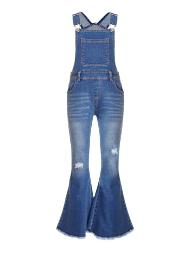 Yeahdor Kinder Mädchen Jeans Hose Denim Latzhose Lange Hose mit Verstellbaren Jeans Overall Hosenträgern Zerrissene Arbeitskleidung A Blau 170-176 von Yeahdor