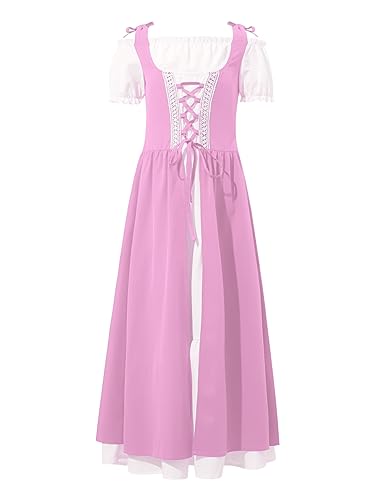 Yeahdor Kinder Mädchen Mittelalter Kleid Kuzrarm Renaissance Kleid Königin Prinzessin Vintage Bandage Renaissance Kleid Halloween Karneval Rosa 110-116 von Yeahdor