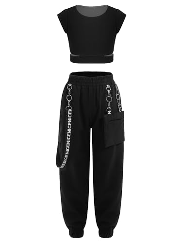 Yeahdor Kinder Mädchen Sport Bekleidung Set Crop Top mit Cargohose Trainingsanzug Jazz Yoga Hip Hop Set Tanz Bekleidungsset L Schwarz 158-164 von Yeahdor