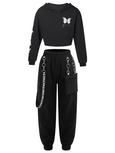 Yeahdor Kinder Mädchen Sport Bekleidung Set Crop Top mit Cargohose Trainingsanzug Jazz Yoga Hip Hop Set Tanz Bekleidungsset H Schwarz 146-152 von Yeahdor