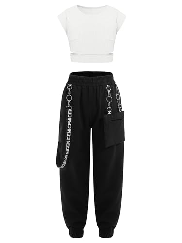 Yeahdor Kinder Mädchen Sport Bekleidung Set Crop Top mit Cargohose Trainingsanzug Jazz Yoga Hip Hop Set Tanz Bekleidungsset L Elfenbein 158-164 von Yeahdor