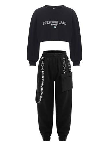 Yeahdor Kinder Mädchen Sport Bekleidung Set Crop Top mit Cargohose Trainingsanzug Jazz Yoga Hip Hop Set Tanz Bekleidungsset M Schwarz 158-164 von Yeahdor