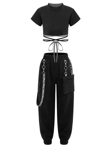 Yeahdor Kinder Mädchen Sport Bekleidung Set Crop Top mit Cargohose Trainingsanzug Jazz Yoga Hip Hop Set Tanz Bekleidungsset Ca Schwarz 122-128 von Yeahdor