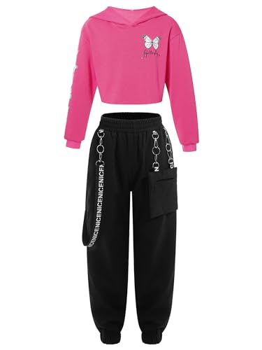 Yeahdor Kinder Mädchen Sport Bekleidung Set Crop Top mit Cargohose Trainingsanzug Jazz Yoga Hip Hop Set Tanz Bekleidungsset H Rose 146-152 von Yeahdor