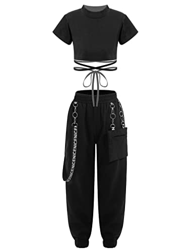 Yeahdor Kinder Mädchen Sport Kleidung Set Kurzarm Crop Top mit Cargohose Trainingsanzug Hip Hop Set Jazz TanBekleidungsset Ca Schwarz a 158-164 von Yeahdor