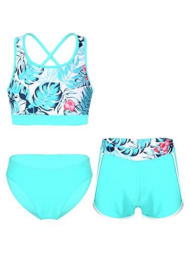 Yeahdor Kinder Mädchen Tankini Set Bikini Kurz Schwimm Oberteil mit Badeslip + Badeshorts Badeanzug Schwimmen Surfen Badekleidung A Grün Palmblatt 170-176 von Yeahdor