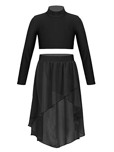 Yeahdor Kinder Mädchen Tanz Bekleidung Set Lyrische Langarm Tanzshirt Mit Tanzrock Asymmetrischer Chiffon Rock Training Gymnastik Schwarz 128 von Yeahdor