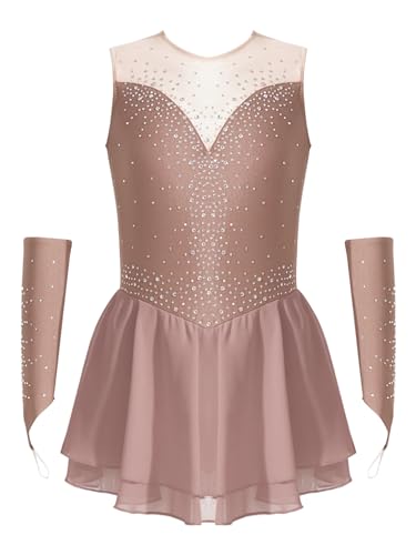 Yeahdor Kinder Mädchen Tanzkleid Ärmellos Eiskunstlauf Kleid mit Strass + Handschuhe Tanzkleid Bühnenauftritt Eiskunstlaufen Ballettkleidung Altrosa 158-164 von Yeahdor