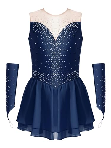 Yeahdor Kinder Mädchen Tanzkleid Ärmellos Eiskunstlauf Kleid mit Strass + Handschuhe Tanzkleid Bühnenauftritt Eiskunstlaufen Ballettkleidung Marine blau 158-164 von Yeahdor