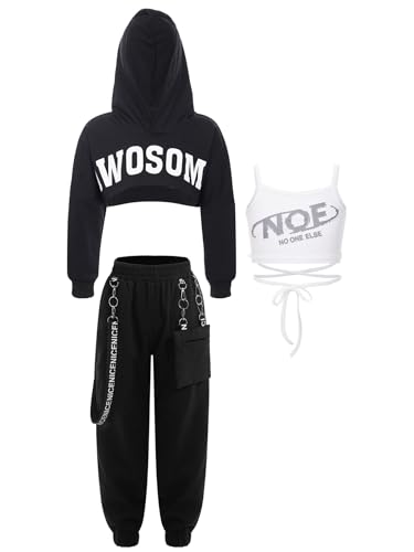 Yeahdor Kinder Mädchen Training Bekleidung Set Langarm Kapuzenpullover mit Crop Top + Cargo Hose Sport Kleidung Set Jazz Jogging A Weiß & Schwarz & Schwarz 146-152 von Yeahdor