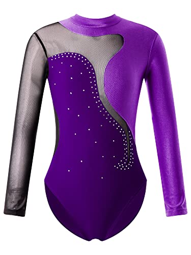 Yeahdor Kinder Mädchen Turnanzug Langarm Ballettbody mit Strass Eiskunstlauf Body Tanzbody Bühnenauftritt Gymnastik Tanzkleidung B Lila 158-164 von Yeahdor