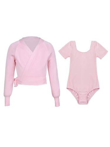 Yeahdor Kinder Mädchen Turnanzug Langarm Ballettjacke mit Tanzbody Kurzarm Gymnastikanzug Wettkampf Akrobatik Tanzkleidung Rosa 122-128 von Yeahdor
