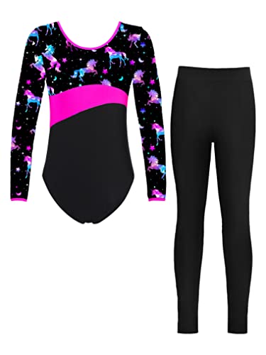 Yeahdor Kinder Mädchen Turnanzug Einhörner Durck Ballett Trikot mit Leggings Langarm Gymnastikanzug Sport Training Tanzkleidung A Rosa & Schwarz 122-128 von Yeahdor