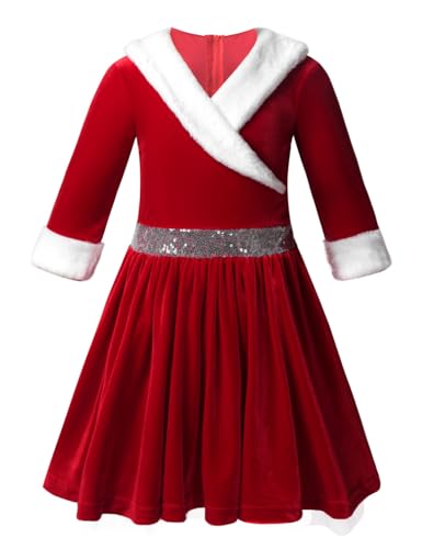 Yeahdor Kinder Mädchen Weihnachten Kleid Langarm Weihnachtskleid mit Kapuze Samt Weihnachtself Kleid Fasching Party Cosplay Geschenke Ia Rot 134-140 von Yeahdor