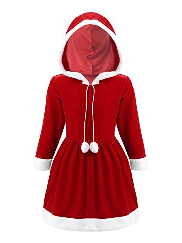 Yeahdor Kinder Mädchen Weihnachten Kleid Langarm Weihnachtskleid mit Kapuze Samt Weihnachtself Kleid Fasching Party Cosplay Geschenke A Rot 122-128 von Yeahdor