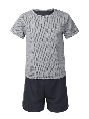 Yeahdor Kinder Jungen Sport Kleidung Set Kurzarm Sportshirt mit Shorts Atmungsaktive Sportanzug Fitness Set Fußball Laufen Tennis A Grau 140-146 von Yeahdor