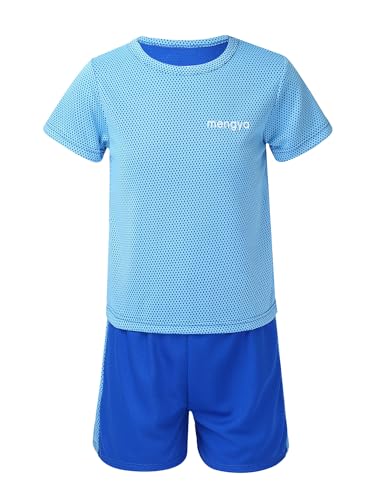 Yeahdor Kinder Jungen Sport Kleidung Set Kurzarm Sportshirt mit Shorts Atmungsaktive Sportanzug Fitness Set Fußball Laufen Tennis A Blau 140-146 von Yeahdor