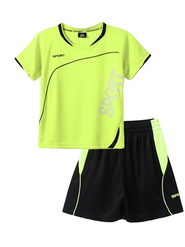 Yeahdor Kinder Jungen Sport Kleidung Kurzarm Sportshirt mit Kurz Hose Loose Fit Fußball Basketball Sportanzuzg Trainingsanzug Da Leuchtend Grün A 122-128 von Yeahdor