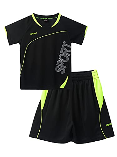 Yeahdor Kinder Jungen Sport Kleidung Kurzarm Sportshirt mit Kurz Hose Loose Fit Fußball Basketball Sportanzuzg Trainingsanzug D Schwarz 122-128 von Yeahdor