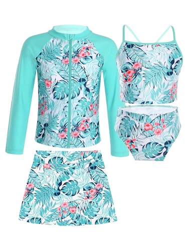 Yeahdor Mädchen Badeanzug Langarm Schwimm Tops mit Blumen Durck + Bikini Bra + Badeslips + Baderock Surfanzug Schwimmen Strand A See Grün 158-164 von Yeahdor