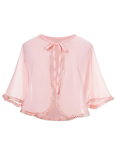 Yeahdor Mädchen Bolero Langarm Bolerojacke Chiffon Strickjacke Durchsichtig Schulterjacke Zum Hochzeit Geburtstag Strand Rosa 116-152 von Yeahdor