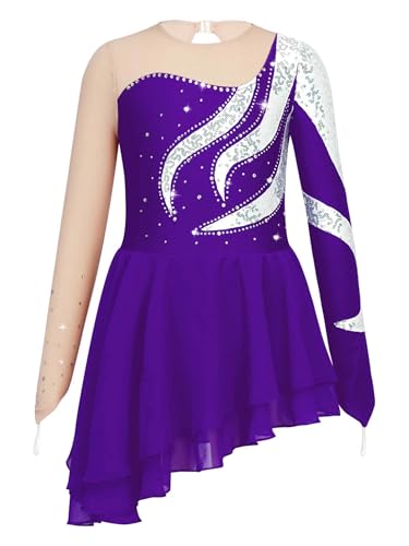 Yeahdor Mädchen Eiskunstlauf Kleid Glitzer Langarm Rollschuhkleid mit Strass Ballettkleid Gymnastik Trikot Leotard Turnanzug Wettkampf Lila 158-164 von Yeahdor