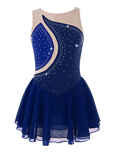 Yeahdor Mädchen Eiskunstlauf Kleid Kurz Ärmellos Tanzkleid mit Strass Glitzer Ballettkleid Turnanzug Wettbewerb Auftritt Ballettkleidung Aa Dunkelblau O 146-152 von Yeahdor