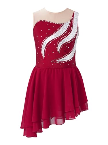 Yeahdor Mädchen Eiskunstlauf Kleid Kurz Ärmellos Tanzkleid mit Strass Glitzer Ballettkleid Turnanzug Ballett Wettbewerb Auftritt E Weinrot 134-140 von Yeahdor