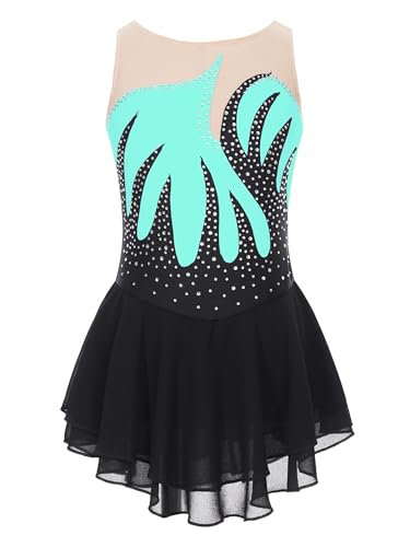 Yeahdor Mädchen Eiskunstlauf Kleid Kurz Ärmellos Tanzkleid mit Strass Glitzer Ballettkleid Turnanzug Ballett Wettbewerb Auftritt F Hellblau 122-128 von Yeahdor