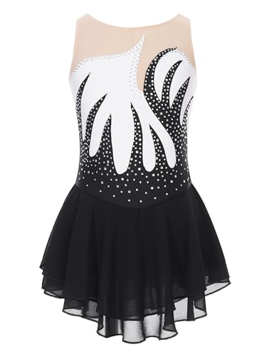 Yeahdor Mädchen Eiskunstlauf Kleid Kurz Ärmellos Tanzkleid mit Strass Glitzer Ballettkleid Turnanzug Ballett Wettbewerb Auftritt F Weiß 170-176 von Yeahdor