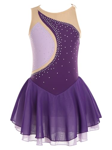 Yeahdor Mädchen Eiskunstlauf Kleid Kurz Ärmellos Tanzkleid mit Strass Glitzer Ballettkleid Turnanzug Wettbewerb Auftritt Ballettkleidung A Violett O 134-140 von Yeahdor