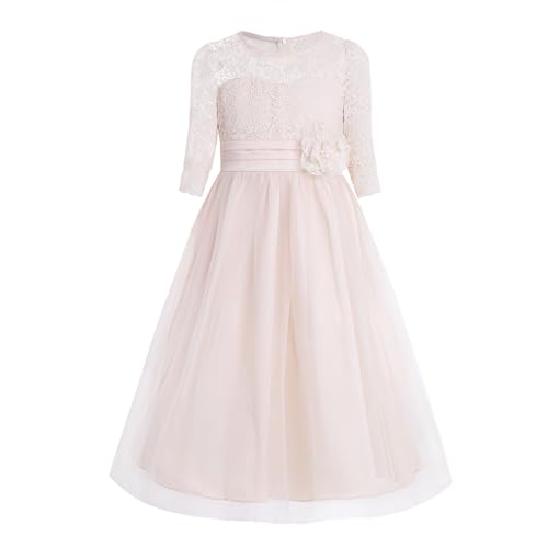 Yeahdor Mädchen Festlich Kleid Hochzeits Spitzenkleid 3/4 Ärmel Brautkleid A Linie Kleid Blumenmädchenkleid Party Geburtstag A Champagner 158-164 von Yeahdor