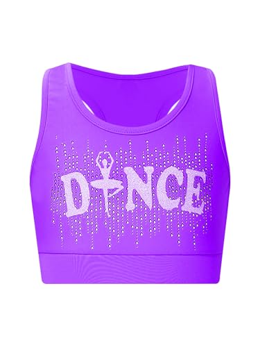 Yeahdor Mädchen Glitzer Crop Top Glänzend Sport Tanz BH Pailletten T-Shirt Bauchfrei Tank Top Unterhemd Tanz Performance D Violett 158-164 von Yeahdor