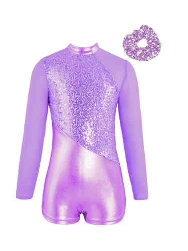 Yeahdor Mädchen Glitzer Tanzbody Langarm Gymnastik Trikot mit Pailletten + Kopfbedeckung Glänzend Ballettanzug Training Akrobatik Helles Lila 158-164 von Yeahdor
