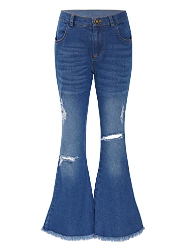 Yeahdor Mädchen Jeanshose Denim Hose Jeans mit Rüschen Stretch Schlaghose Destroyed Stil Pants Freizeit Urlaub J Blau V 134-140 von Yeahdor