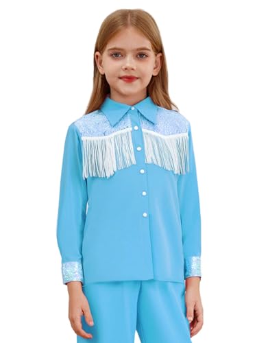 Yeahdor Mädchen Kinder Western-Thema Cosplay-Hemden Halloween Rodeo Kostüme Verkleidungsparty-Oberteile Kinder Cowboy- Und Cowgirl-Kostüme Cowgirl-Cosplay Blau 134-140 von Yeahdor
