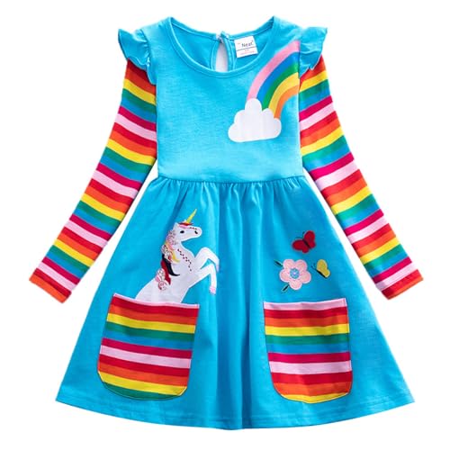 Yeahdor Mädchen Prinzessin Kleid Einhörner-Kleid Kinder Langarm Partykleid Tutu Kleid mit Glitzer Sterne für Party Freizeit Geburtstag C Blau C 122-128 von Yeahdor