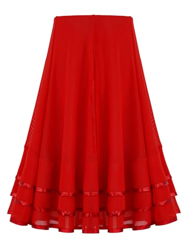 Yeahdor Mädchen Tanzrock Lang Spanische Rock Chiffon Ballttrock A-Linien Rock Faltenrock Flamenco Rock Latein Salsa Rumba Tango Aa Rot F 152 von Yeahdor