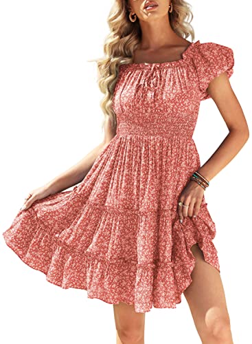 Yeahill Sommerkleid Damen Blumen Tunika Kleid Damen Kurz Schulterfreies Kleid High Waist Volantkleider Damen Boho Strandkleider Luftiges Minikleid (Rosa,L) von Yeahill