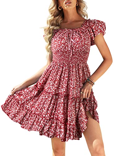 Yeahill Sommerkleid Damen Blumen Tunika Kleid Damen Kurz Schulterfreies Kleid High Waist Volantkleider Damen Boho Strandkleider Luftiges Minikleid (Rotwein,L) von Yeahill